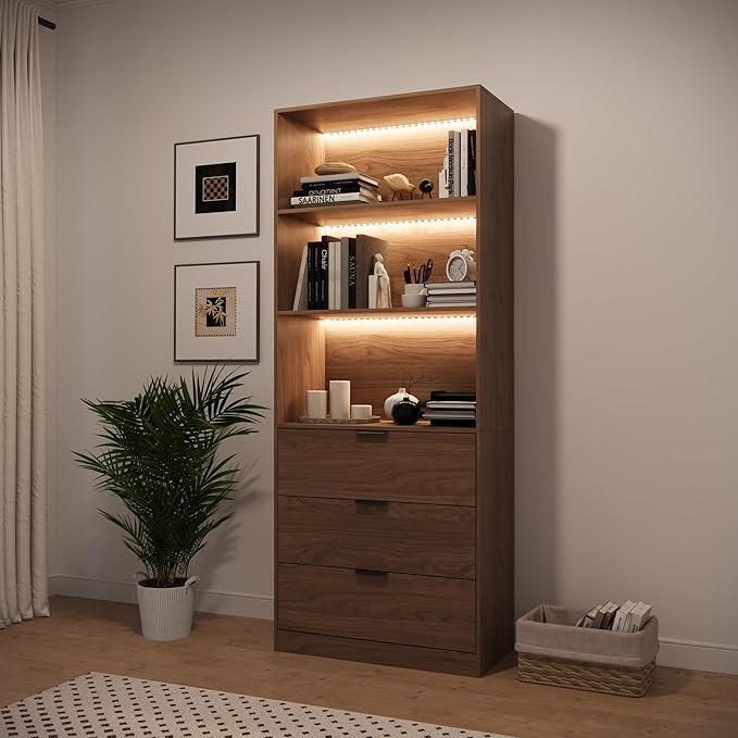 78.7" Walnut Display Cabinet with 3 Drawers, 3 -Tier Storage Cabinet with LED Lights, Tall Bookcasse Storage Cabinet, LED Display Case for Collectible, Living Room, Office, Kitchen