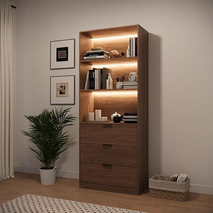78.7" Walnut Display Cabinet with 3 Drawers, 3 -Tier Storage Cabinet with LED Lights, Tall Bookcasse Storage Cabinet, LED Display Case for Collectible, Living Room, Office, Kitchen