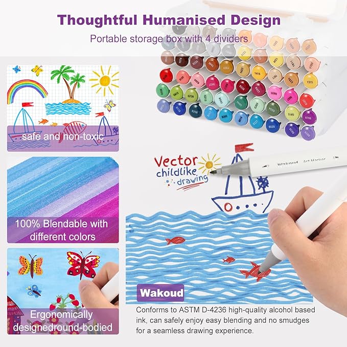 Alcohol Markers, 60 Colors Dual Tip Art Markers with Carrying Case, Drawing Marker, Coloring Marker for Book Painting Card Making for Adults Kids.