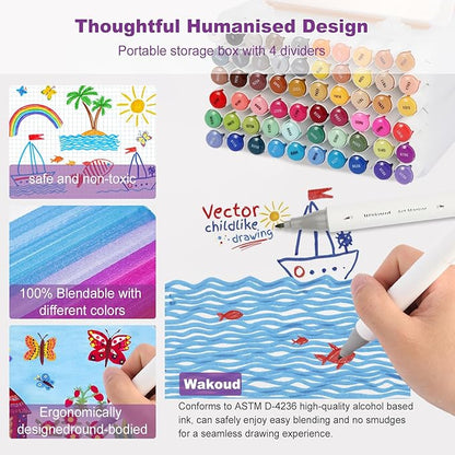 Alcohol Markers, 60 Colors Dual Tip Art Markers with Carrying Case, Drawing Marker, Coloring Marker for Book Painting Card Making for Adults Kids.