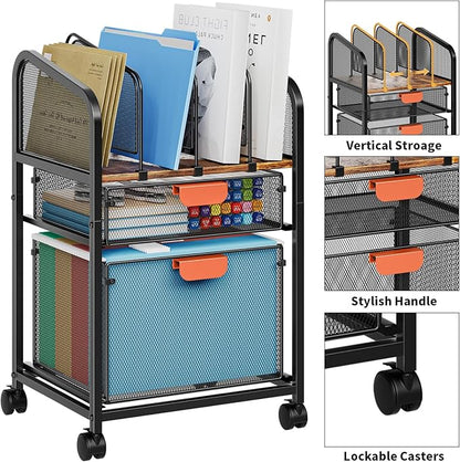 Marbrasse Rolling file Cart with Adjustable Dividers, Mobile File Cabinet on Lockable Wheels, Office Filing Cabinet Organizer, Hanging File Folder Organizer for Home Office - Dark Brown