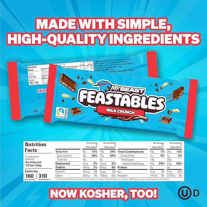 Feastables MrBeast Combo Pack, King Size Milk Chocolate & Milk Crunch Bars, 10 Each, Candy Bars for Adults & Kids, Candy Bar for Snacks, Gifts, or Dessert, Fairtrade Cocoa, 2.1 Oz Each, 20 Count