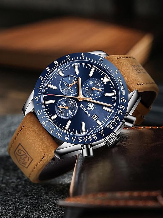 BY BENYAR Watch for Men Analog Quartz Chronograph Waterproof Luminous Designer Mens Wrist Watches Business Work Sport Casual Dress Watch with Silicone Strap Elegant Gifts for Men
