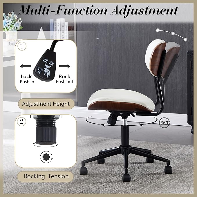 Modern Walnut Home Office Chair，Adjustable Height Desk Chair with Wheels，Armless Computer Chair for Office, Reading Meeting Room, White