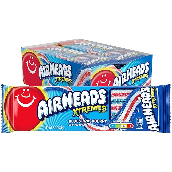 Airheads Xtremes Belts, Halloween Trick or Treat Sweetly Sour Candy, Bluest Raspberry Flavor,Individually Wrapped Bulk Candy for Adults & Kids, Non-Melting, Movie Theater, 3 oz Packs(Box of 12 Packs)