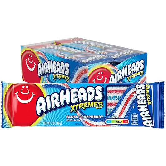 Airheads Xtremes Belts, Halloween Trick or Treat Sweetly Sour Candy, Bluest Raspberry Flavor,Individually Wrapped Bulk Candy for Adults & Kids, Non-Melting, Movie Theater, 3 oz Packs(Box of 12 Packs)