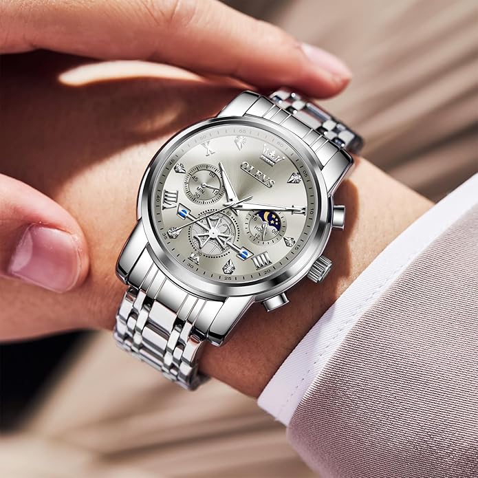 OLEVS Men Watches Stainless Steel Chronograph Watch, Large Wrist Analog Quartz Watch, Fashion Waterproof Diamond Roman Numerals Dress Watches for Men, Gold/Black/White/Blue/Grey Dial