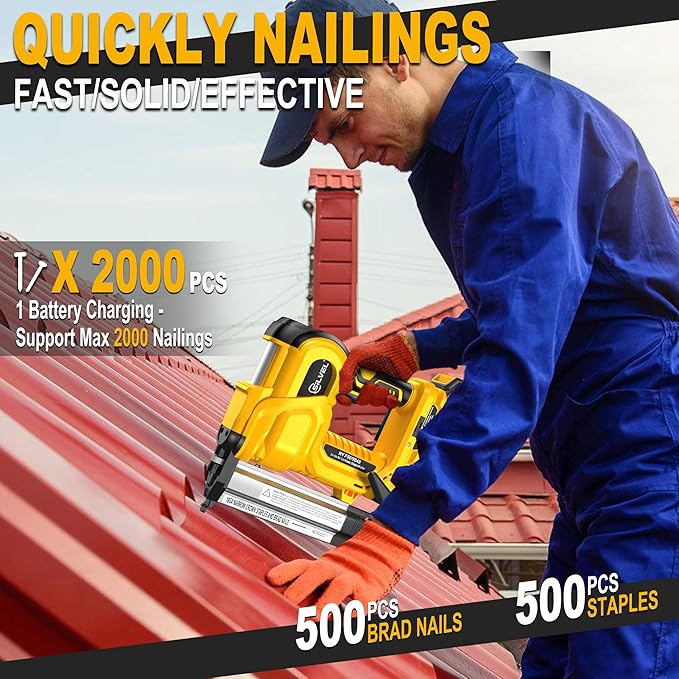 SILVEL 2" Cordless Brad Nailer, 2-in-1 21V Electric Brad Nailer with 2 * 2.0Ah Battery, 1000pcs Nails, 18GA Staples, Adjustable Depth for Woodworking, Home Improvement, yellow
