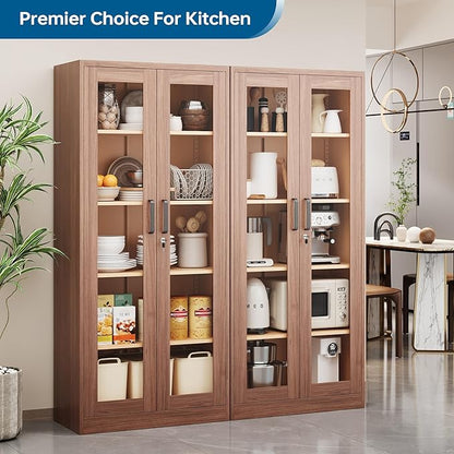 Display Storage Cabinet with Glass Door, 71 Inches Metal Curio Cabinet with 4 Adjustable Shelves, Locking Glass Display Case for Home, Office, Clinic, Pantry, Assemble Required (Wood Color)