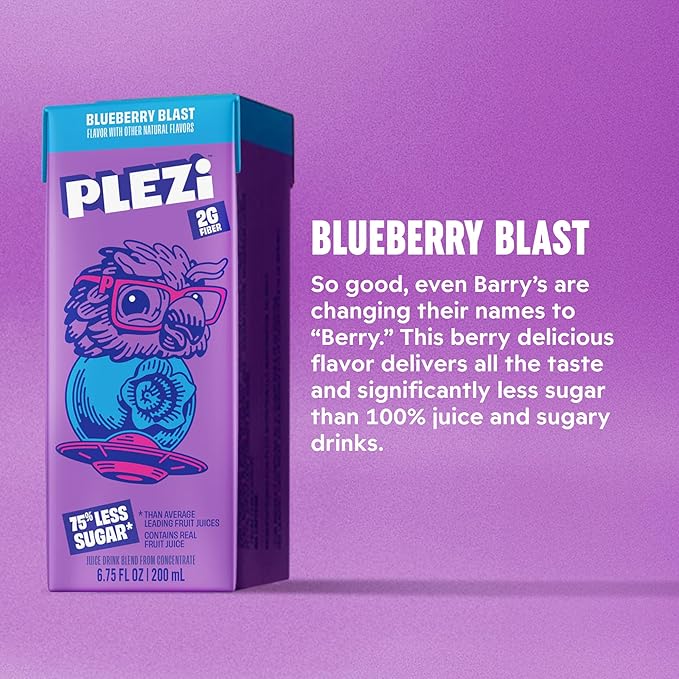 PLEZi Fruit Juice Boxes For Kids, Blueberry Blast – Low Sugar Drinks with Dietary Fiber, Healthy Vitamin C, and Potassium Electrolytes – 6.75 Fl Oz (Pack of 32)