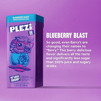 PLEZi Fruit Juice Boxes For Kids, Blueberry Blast – Low Sugar Drinks with Dietary Fiber, Healthy Vitamin C, and Potassium Electrolytes – 6.75 Fl Oz (Pack of 32)