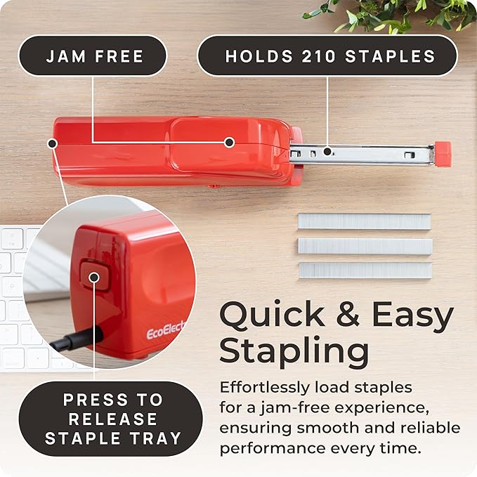 Portable Automatic Electric Stapler Pro - 30 Sheet Capacity, Quiet Operation, Jam-Free and Easy Reload - AC Adapter/Battery Powered (Red)