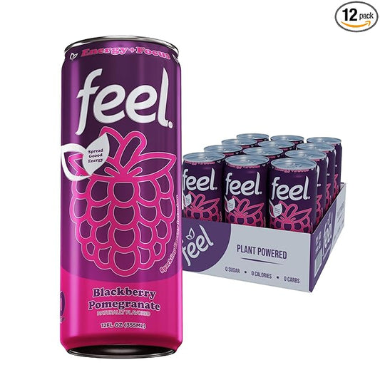 FEEL Zero Sugar Natural Energy Drink – Blackberry Pomegranate, 140mg Plant-Based Caffeine with L-Theanine for Focus, Vitamin C for Immunity, Vegan, Non-GMO, No Artificial Sweeteners, 12 Fl Oz Cans (12-Pack)