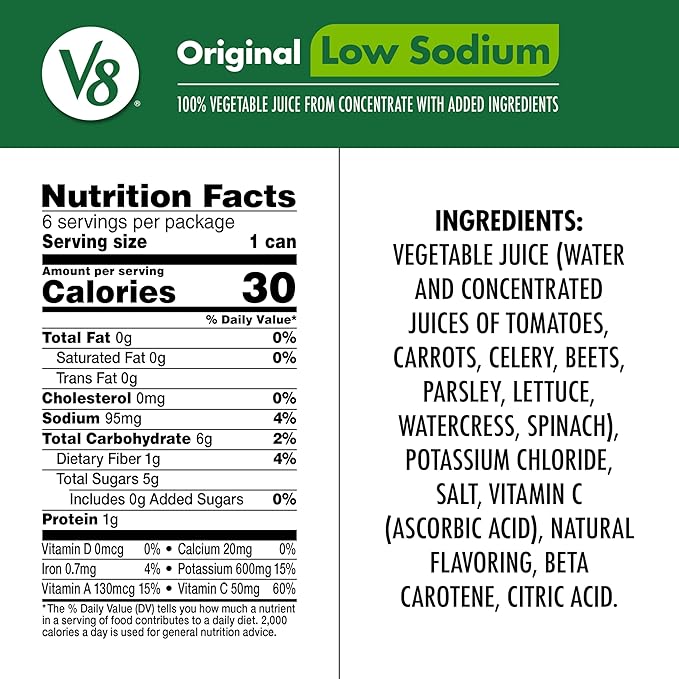 V8 Low Sodium Original 100% Vegetable Juice, Vegetable Blend with Tomato Juice, 5.5 FL OZ Can (8 Packs of 6)