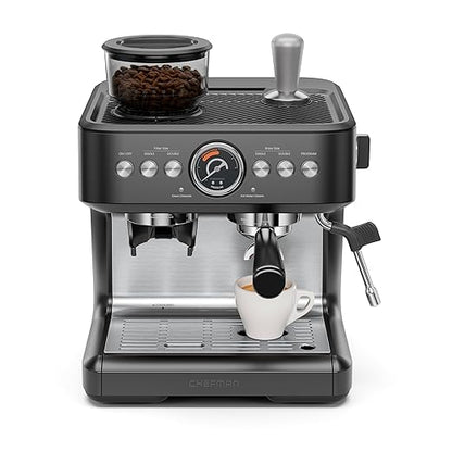 Chefman Crema Deluxe Espresso Machine with Double Boiler, Use Milk Frother and Brew Espresso Simultaneously, Professional Coffee Maker with Coffee Grinder and Steam Wand, 30 Grind Settings
