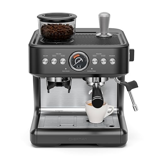 Chefman Crema Deluxe Espresso Machine with Double Boiler, Use Milk Frother and Brew Espresso Simultaneously, Professional Coffee Maker with Coffee Grinder and Steam Wand, 30 Grind Settings