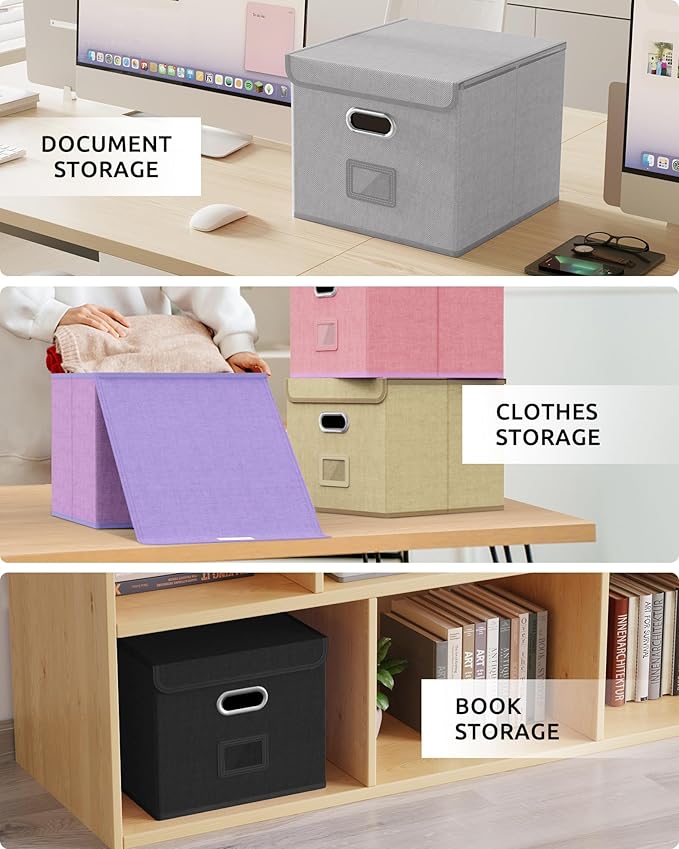 Oterri 2 Pack File Organizer Box,File Box,Small File Cabinet for Letter Folders,Gray-white Portable Filing Box,Hanging File Folder Organizer Box with Lid for Office- without Folders