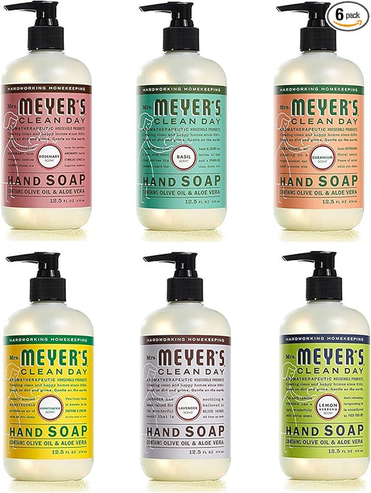 Mrs. MEYER'S CLEAN DAY Hand Soap Scent Variety Pack Includes 1 of Each, Rosemary + Basil + Geranium + Honeysuckle + Lavender + Lemon Verbena, (Count of 6)