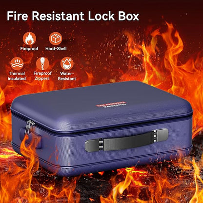 Fireproof Document Box, Hard Case Fireproof Box with Lock, Portable Hard-Shell Fireproof Water Resistant Document Safe for Important Documents, Laptops, Passports, Files and More (Blue)
