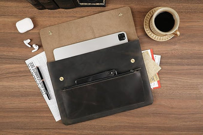 Genuine Leather Sleeve for 13/14/15-in MacBook Pro & MacBook Air, Slim Protective Laptop Case, Folio Document Organizer Leather Folder Portfolio-Grey