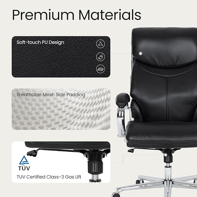 COLAMY Marcus Executive PU Leather Office Chair, High-Back Home Desk Chair Padded Seat & Back, Smooth-Rolling Casters – Luxury Ergonomic Desk Chair for Professional Workspaces (Black)