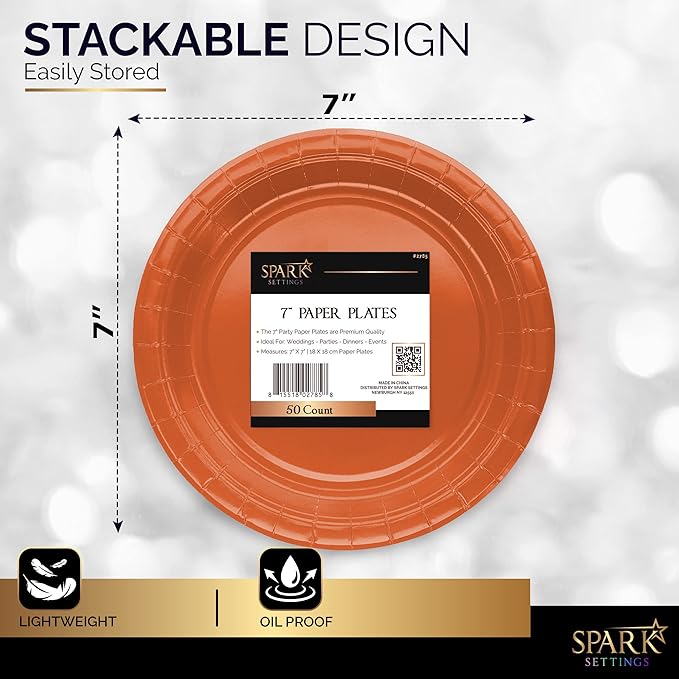 Disposable Paper Plates Orange, 6 3/4 Inches Paper Dessert Plates, Strong and Sturdy Disposable Plates for Party, Dinner, Holiday, Picnic, or Travel Party Plates, Pack of 50