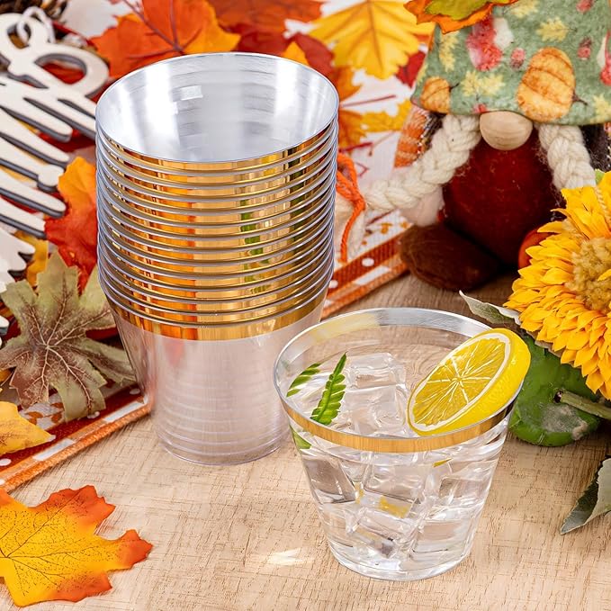 WELLIFE 120 PCS Gold Plastic Cups,9 oz Clear Plastic Cups,Disposable Wine Glasses for Party and Wedding