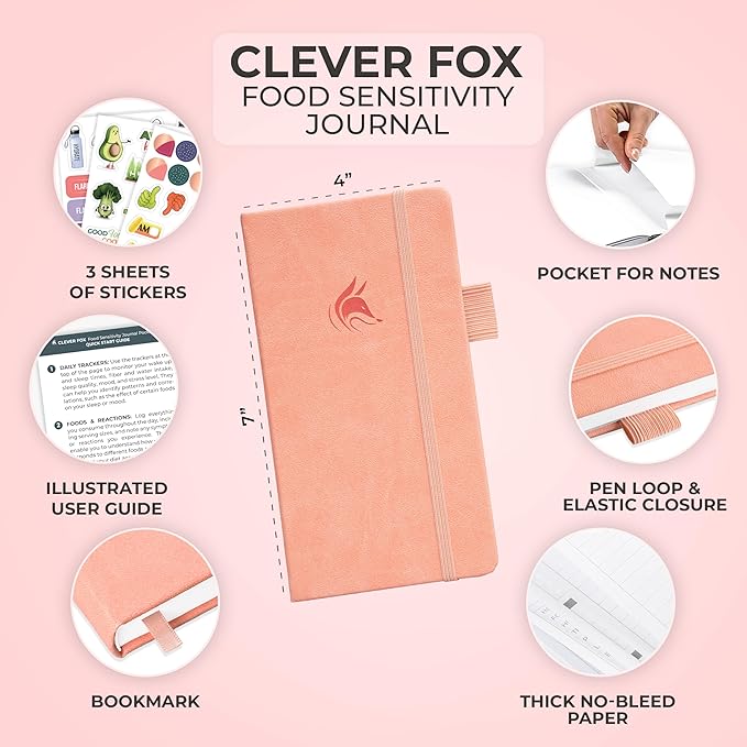 Clever Fox Food Sensitivity Journal Pocket – Daily Intolerance & Symptom Log for IBS, Diabetic, Low Fodmap, Elimination Diet – Health Tracker, 3.7x6.7 (Peach Pink)