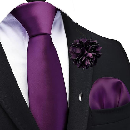Branduce 3.15"（8cm） Pre-tied Adjustable Zipper Tie and Lapel Pin Solid Necktie Handkerchief Set for Men