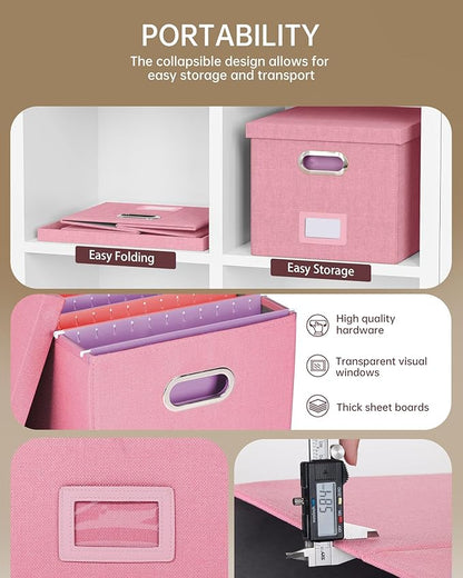 Oterri 2 Pack File Storage Organizer, Filing Box, Portable File Box with Lid, Fit for Letter/Legal File Folder Storage, document organizer, New-pink