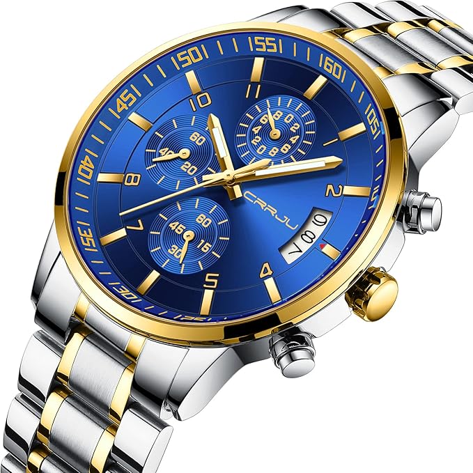 CRRJU Men's Fashion Stainless Steel Watches Date Waterproof Chronograph Wristwatches,Black Steel Band Waterproof Quartz Watch for Men