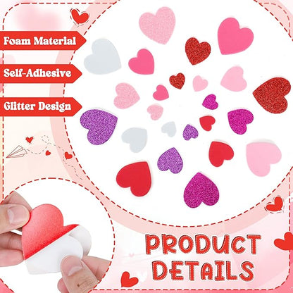 300 PCS Valentines Stickers, Heart Foam Valentine Decor, Self-Adhesive Heart Stickers, Glitter Matte Foam Hearts for Crafts Adults Valentine Stickers Wedding Birthday Cards DIY Crafts