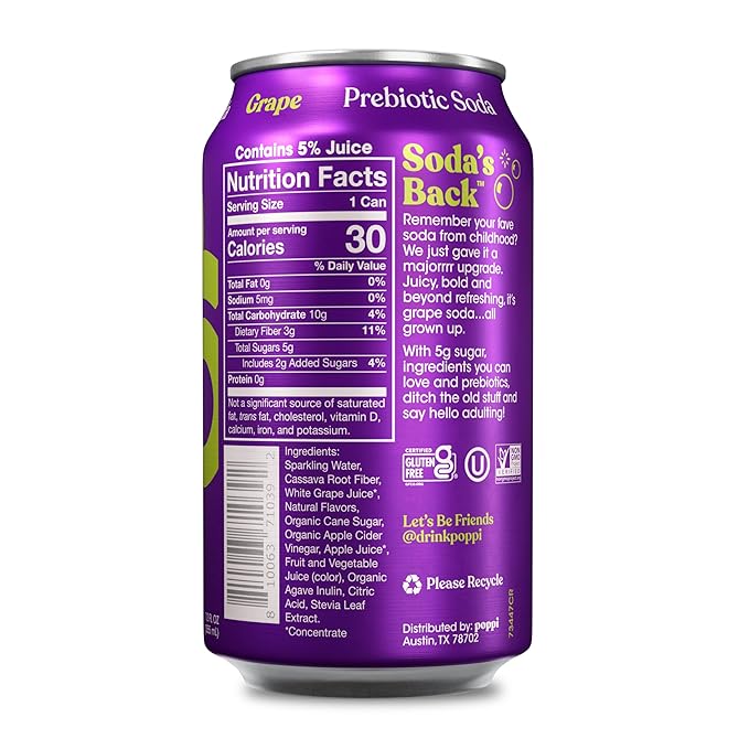 Poppi Sparkling Prebiotic Soda Beverage with Apple Cider Vinegar, Seltzer Water and Fruit Juice, Grape Flavor, 12 Fl Oz, Pack of 12, Packaging May Vary