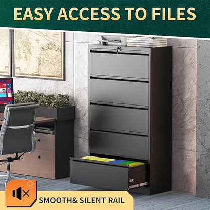 5 Drawer Lateral File Cabinet with Lock, Metal File Cabinets for Home Office, Steel Heavy-Duty Filing Storage Cabinet for Letters/Legal/A4 (Require Assembly, Black)