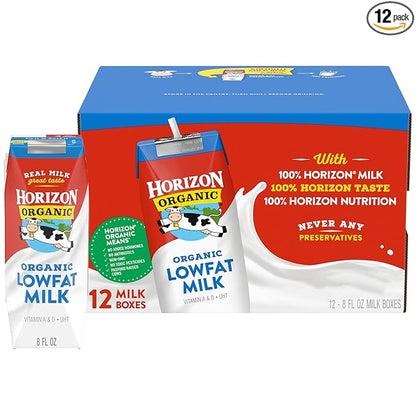 Horizon Organic Shelf Stable 1% Lowfat Milk Boxes, 8 fl oz, 12 Count - 8g Protein per Serving, USDA Organic UHT from Pasture-Raised Cows, Ready to Drink for Lunchbox, Travel, or On-the-Go, No Refrigeration Needed