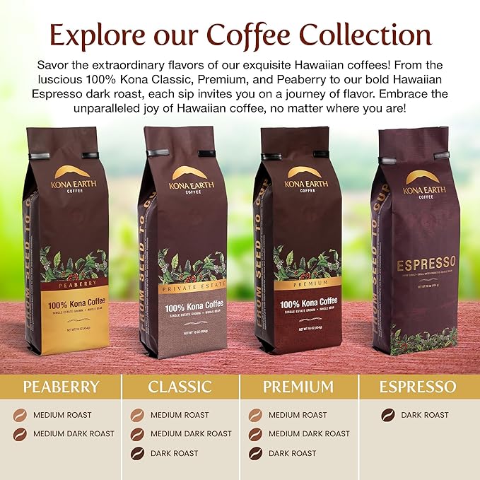 KONA EARTH 100% Kona Classic Coffee, Dark Roast, Whole Bean (8oz) Farm-Direct Authentic Hawaiian Kona Coffee beans from Hawaii’s Big Island, Micro-Batch-Roasted