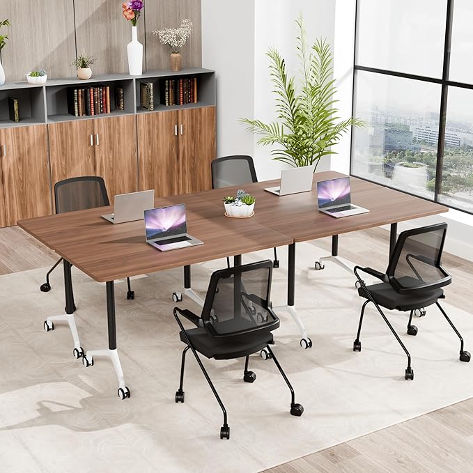 Conference Room Table, 55 Inch Folding Conference Tables with Wheels, Modern Office Meeting Table, Easy Flip & Nest Design, Rectangular Seminar Tables with Metal Frame for 2-24 People(B 2PCS)