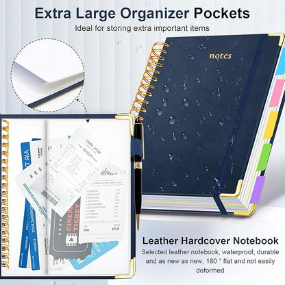 Hardcover Spiral Notebook 8.5"x11" Journal Notebook with Tabs and Removable Dividers 300 Pages 5 Subject Notebook College Ruled, Faux Leather Spiral Bound Notebook for Women School Work(Dark Blue)