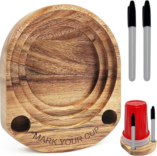 Party Cup Holder with Marker Slot, Acacia Wood Bathroom Cup Dispenser Mark Your Cup and Drink Up, Hosting Essential to Prevent Mix-Ups & Mark Your Cup for Birthdays, BBQs, Holiday Events
