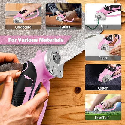 Cordless Electric Scissors, 4V Box Cutter & Cardboard Cutter with Upgrade Blade, LED Light, Safety Lock - Rechargeable Rotary Cutter for Fabric, Leather, Plastic, Crafting, Sewing, Industrial (Pink)