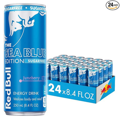 Red Bull Sea Blue Edition Sugar-Free Energy Drink, Juneberry, with 80mg Caffeine plus Taurine & B Vitamins, 8.4 Fl Oz, Pack of 24 Cans