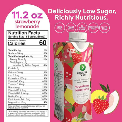 Greater Than Nutrient Hydration Beverage, Electrolyte Drink for Gut Health & Energy with Coconut Water, Vitamins, Gluten Free, Plant Based, Low Sugar, Strawberry Lemonade, 24 Pack