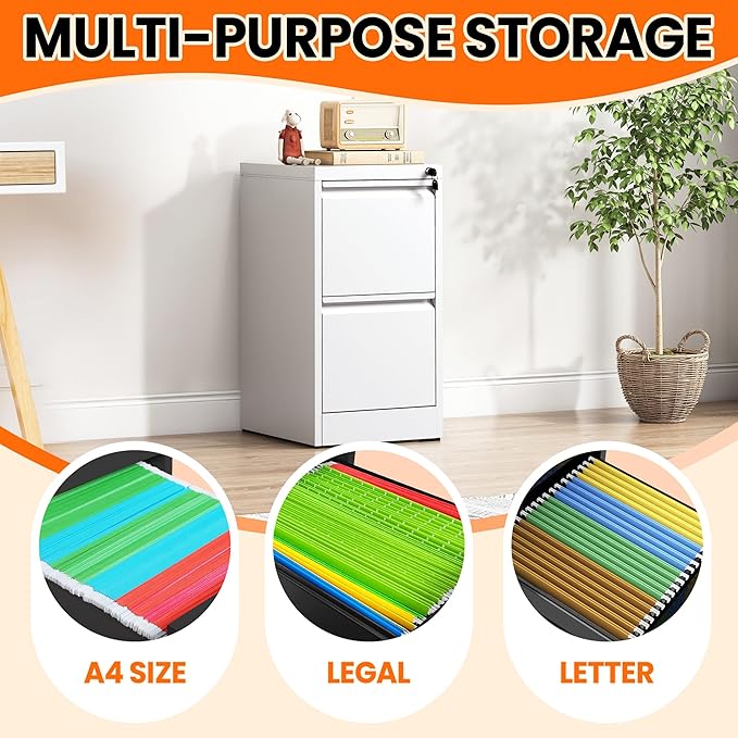 2-Drawer Locking Vertical File Cabinet, Metal Storage Cabinet for Office/Home – Secure Vertical Filing for Letter/Legal/A4/F4 Documents, Easy to Assemble Steel Cabinet (White, 2 Drawer-28 H)