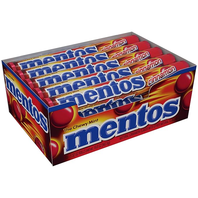 Mentos Holiday Chewy Candy Mint Roll, Cinnamon, Candy for Christmas Stocking Stuffers for Adults & Kids, Party, Non-Melting, 14 Count (Pack of 15)