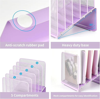 File Organizer for Desk, Desk Organizer with 5-Section Vertical File Rack, File Folder Organizer (Purple)