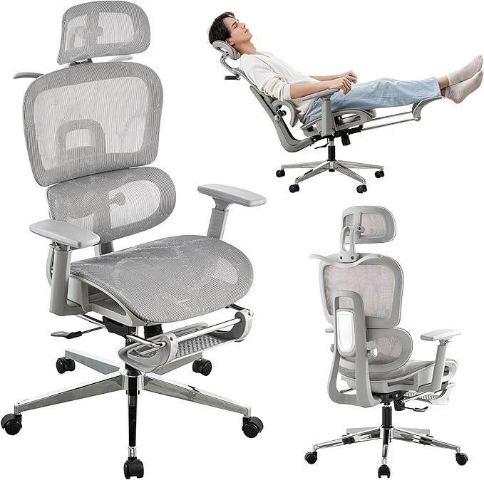 Mesh Ergonomic Office Chair with Footrest,High Back Mesh Gaming Chair with Lumbar Support,Adjustable Headrest and Armrests for Home Office Desk Chair (Modern, Grey)