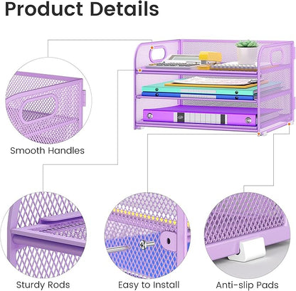 3 Tier Paper Organizer with Handle, Metal Desk Organizer Mesh Paper Letter Tray Desktop File Folder Document Sorter for Classroom, School, Office Accessories Organization and Storage - Purple