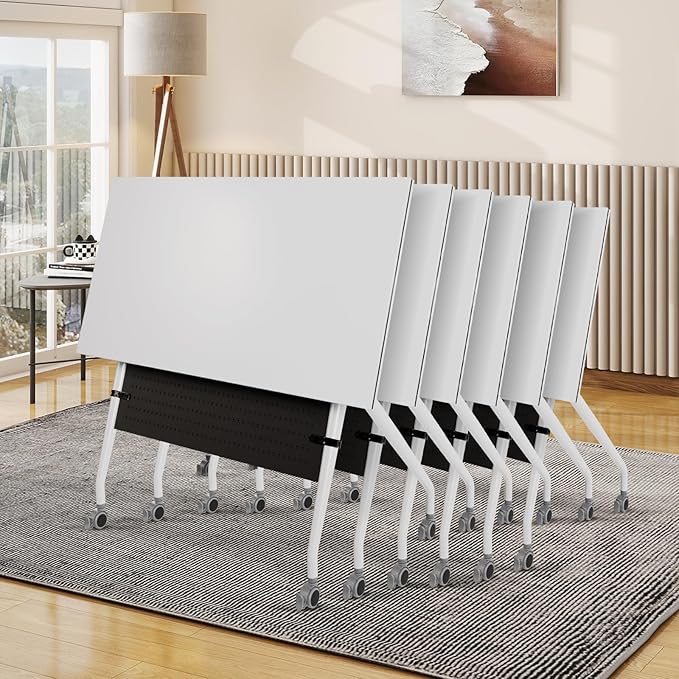 Conference Room Table, 55 Inch Folding Conference Tables with Wheels, Modern Office Meeting Table, Easy Flip & Nest Design, Rectangular Seminar Tables with Metal Frame for 2-24 People(H 6PCS)