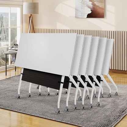 Conference Room Table, 55 Inch Folding Conference Tables with Wheels, Modern Office Meeting Table, Easy Flip & Nest Design, Rectangular Seminar Tables with Metal Frame for 2-24 People(H 6PCS)