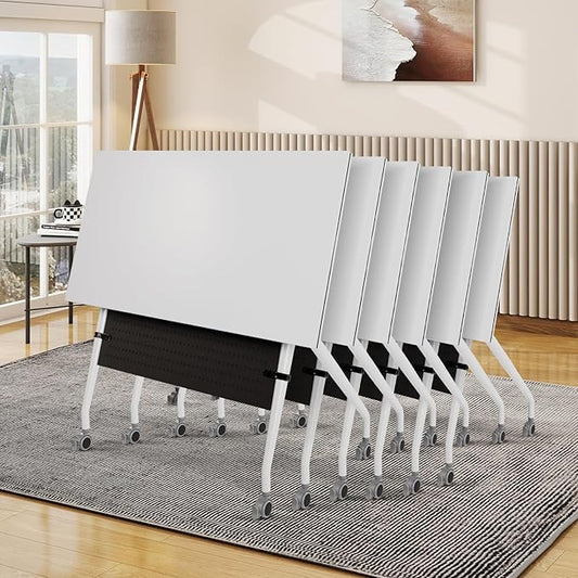 Conference Room Table, 55 Inch Folding Conference Tables with Wheels, Modern Office Meeting Table, Easy Flip & Nest Design, Rectangular Seminar Tables with Metal Frame for 2-24 People(H 6PCS)
